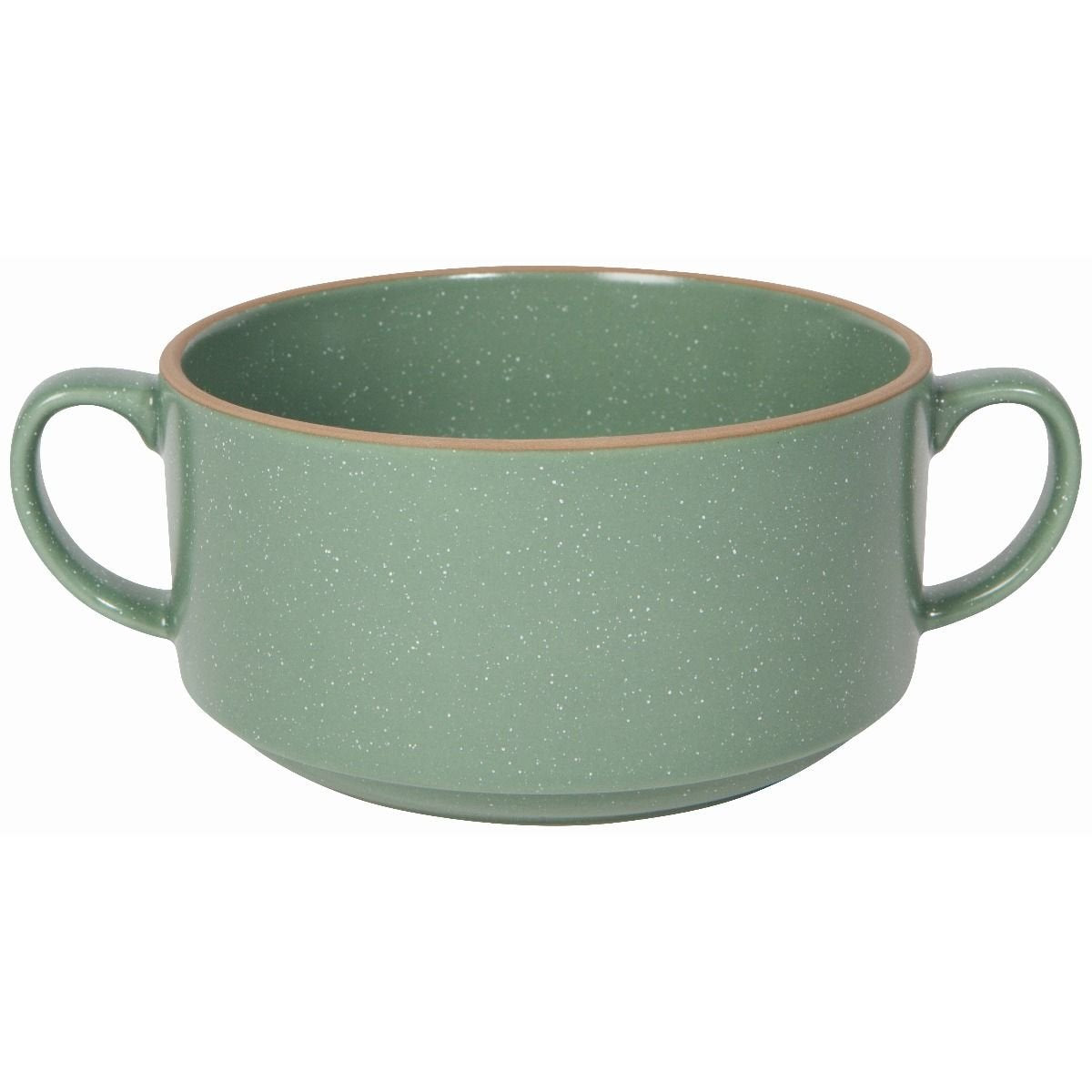 green soup bowl with 2 handles shown on a white background.