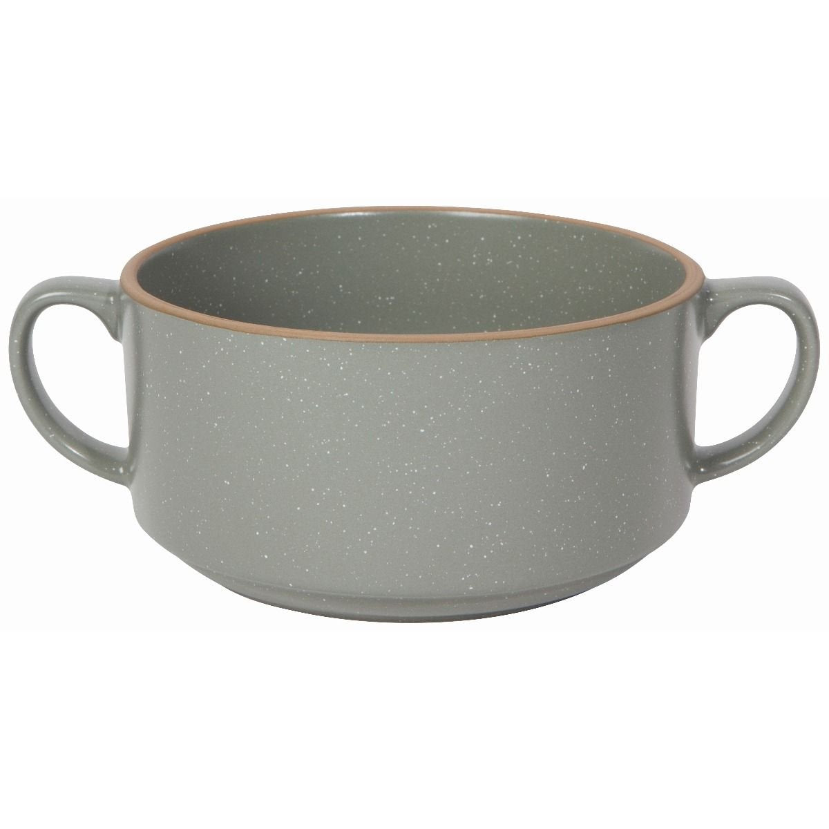 grey soup bowl with 2 handles shown on a white background.