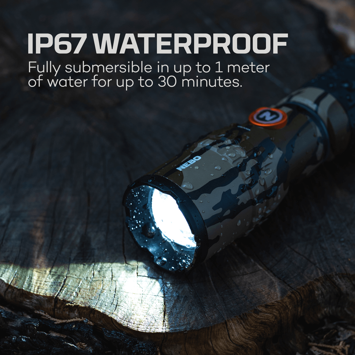 flashlight turned on and set on a tree stump