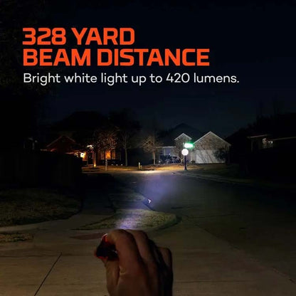 hand holding small flashlight in the dark shining it down a neighborhood street