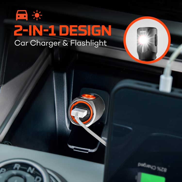 transport charger and flashlight in a cars outlet with charging cable plugged into it.