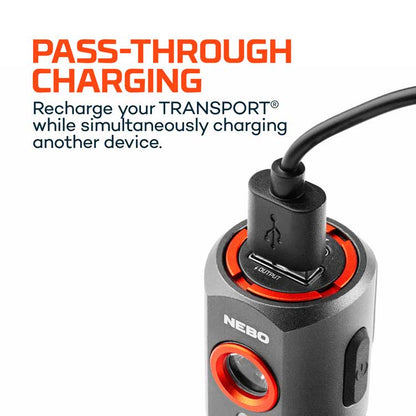 close-up of transport charger and flashlight with cable plugged into it.