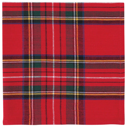 plaid napkin with red, blue, white, and yellow narrow and wide stripes.