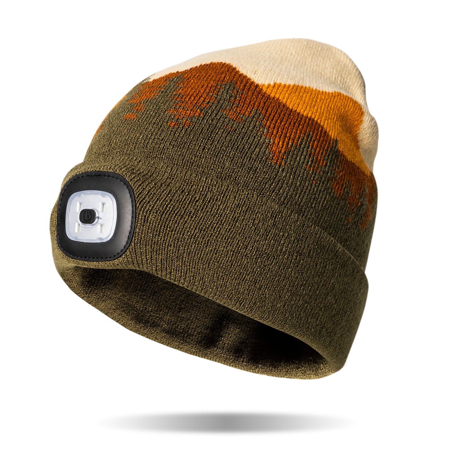 beanie with green, yellow, taupe and orange image in shape of mountain range with a light in the cuff.