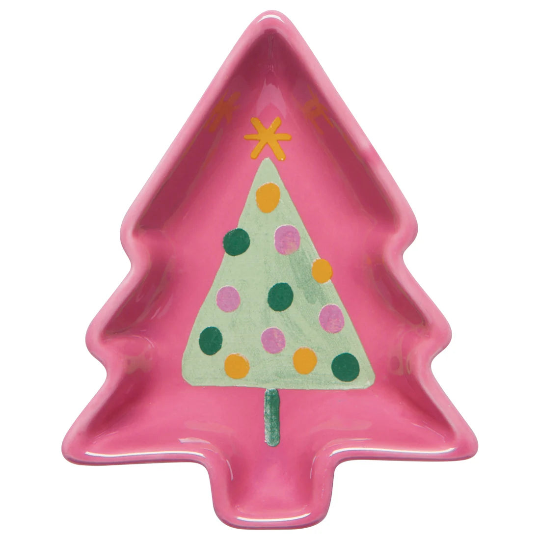 bright pink tree shaped dish with a green tree printed in the bottom.