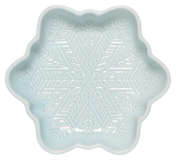 light blue ceramic dish shaped like a snowflake with a snowflake design on the interior.