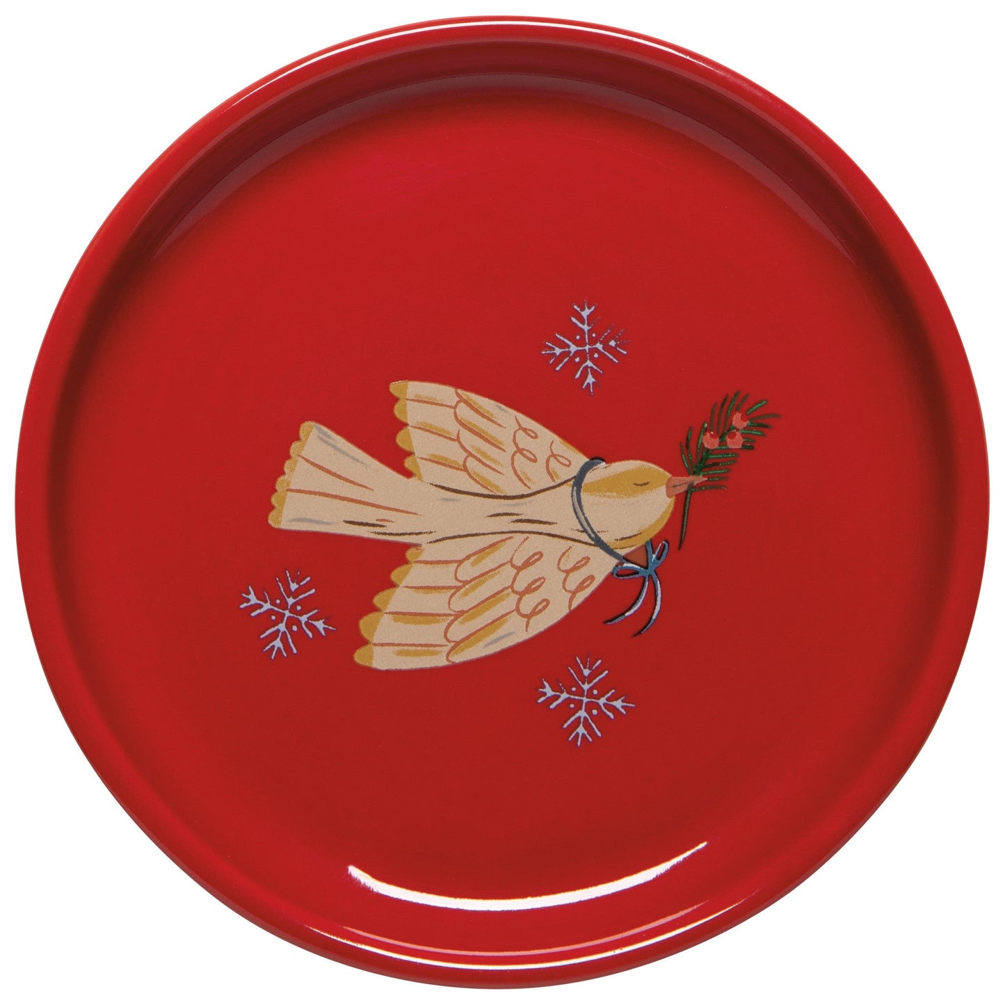 Red mug lid with dove and snowflake design on a white background