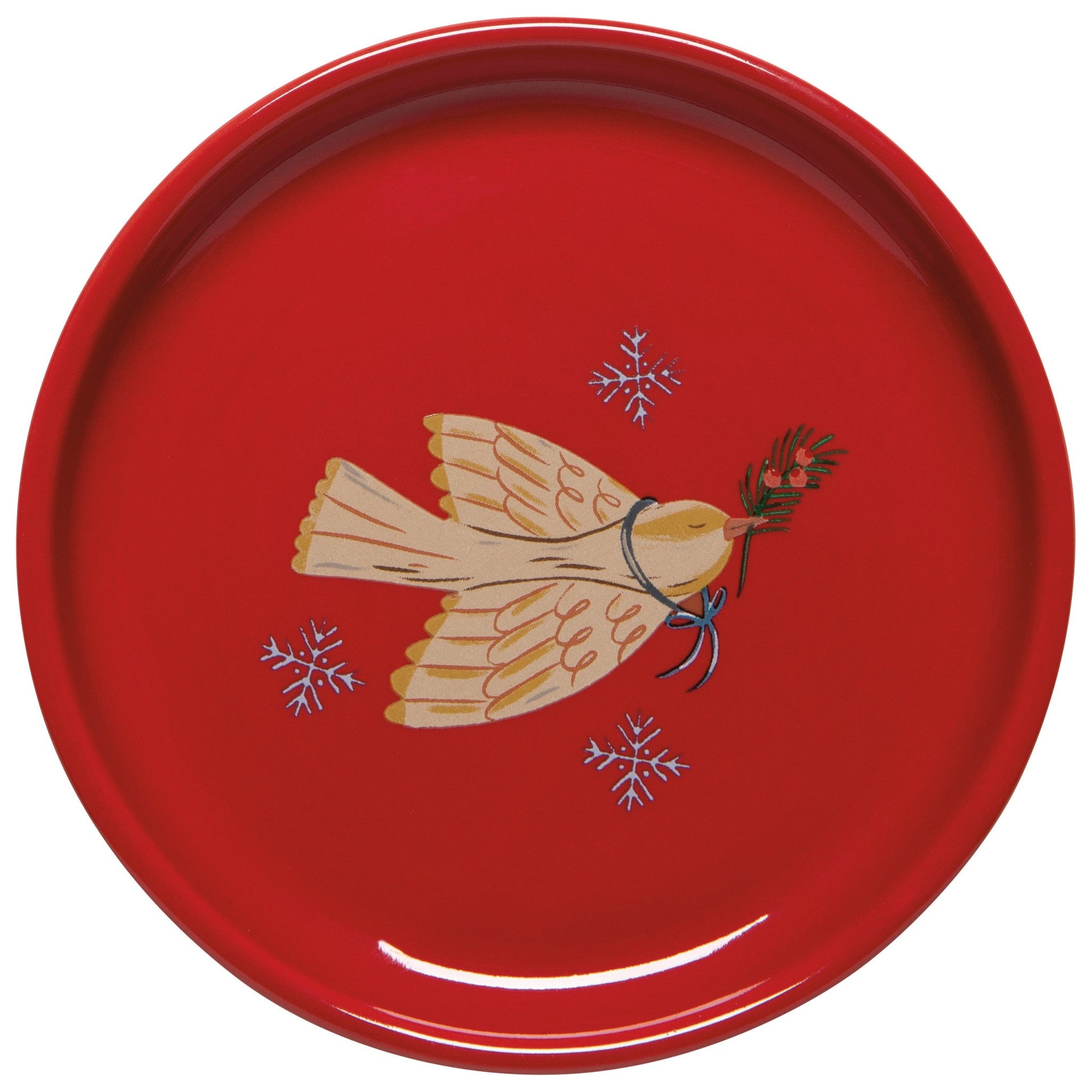 Red mug lid with dove and snowflake design on a white background
