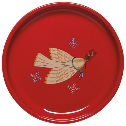 Red mug lid with dove and snowflake design on a white background