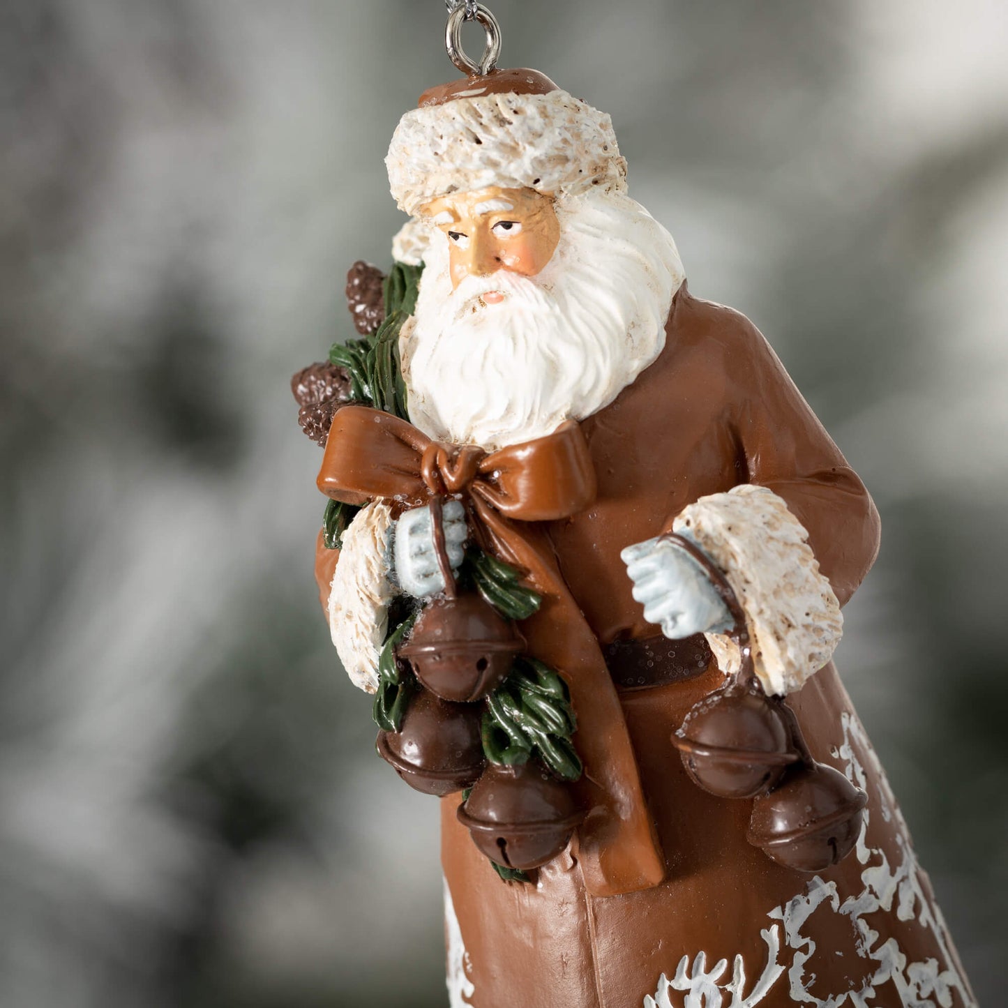 close up view of the woodland santa ornament