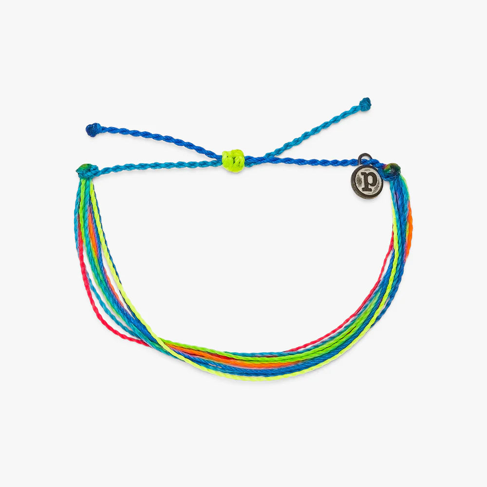 Pura Vida multi strand corded bracelet in varying shades of neon blue, green, orange, yellow, and pink Vida logo charm