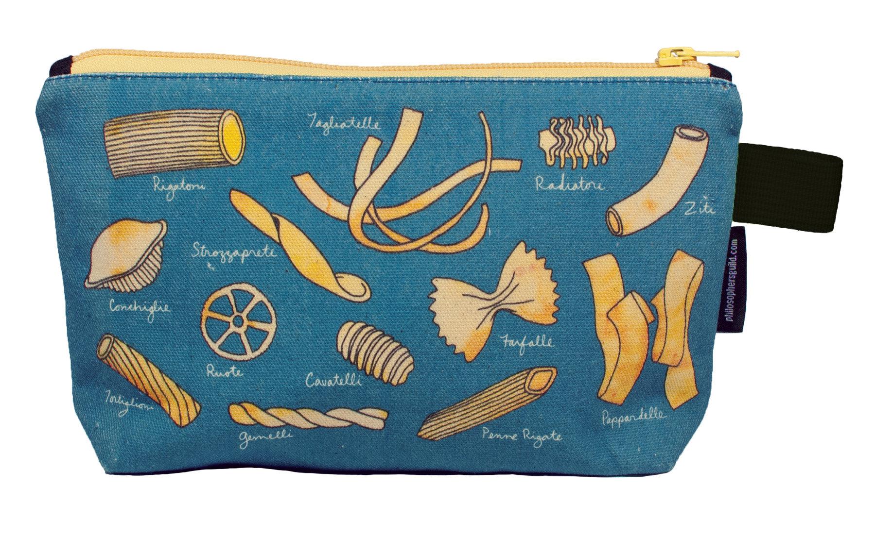 blue zip pouch with different yellow pasta shapes with white text