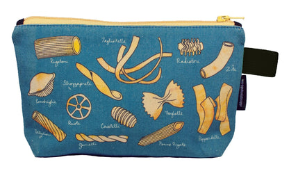 blue zip pouch with different yellow pasta shapes with white text