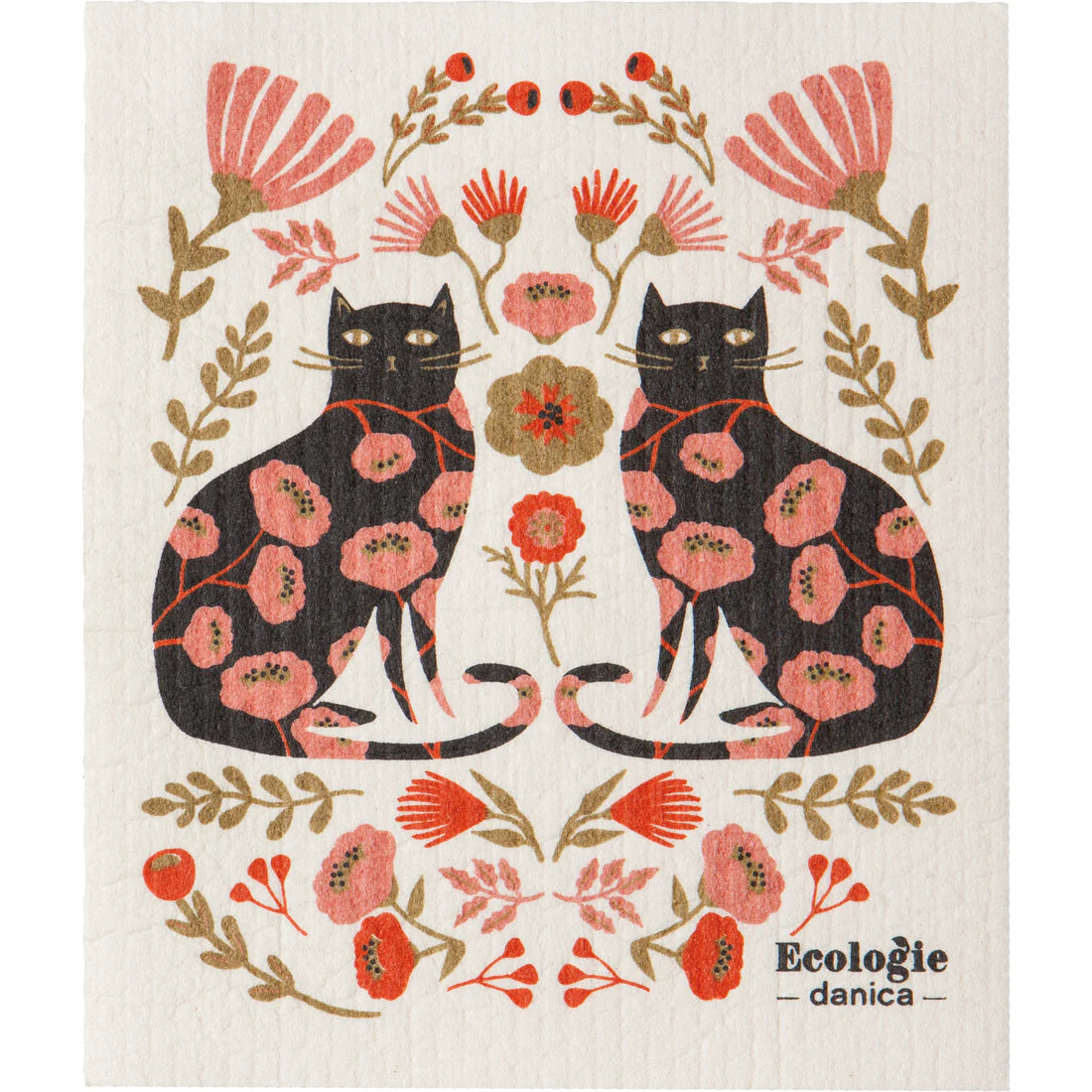 dish cloth with black cats and floral pattern printed on it.