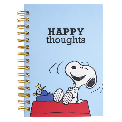 blue spiral notebook with snoopy on cover with black title text
