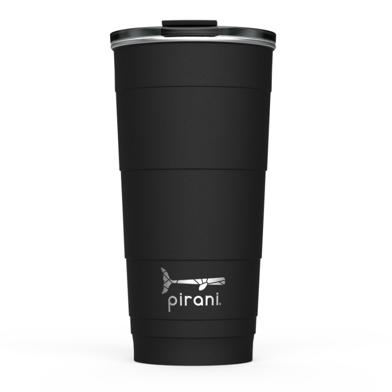 black tumbler with silver pirani logo near the bottom of cup and a lid on it shown a white background.