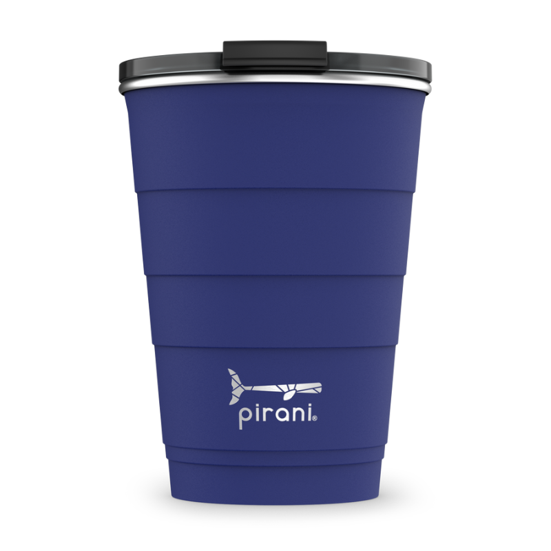 navy tumbler with silver pirani logo near the bottom of cup and a lid on it shown a white background.