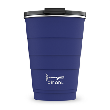 navy tumbler with silver pirani logo near the bottom of cup and a lid on it shown a white background.