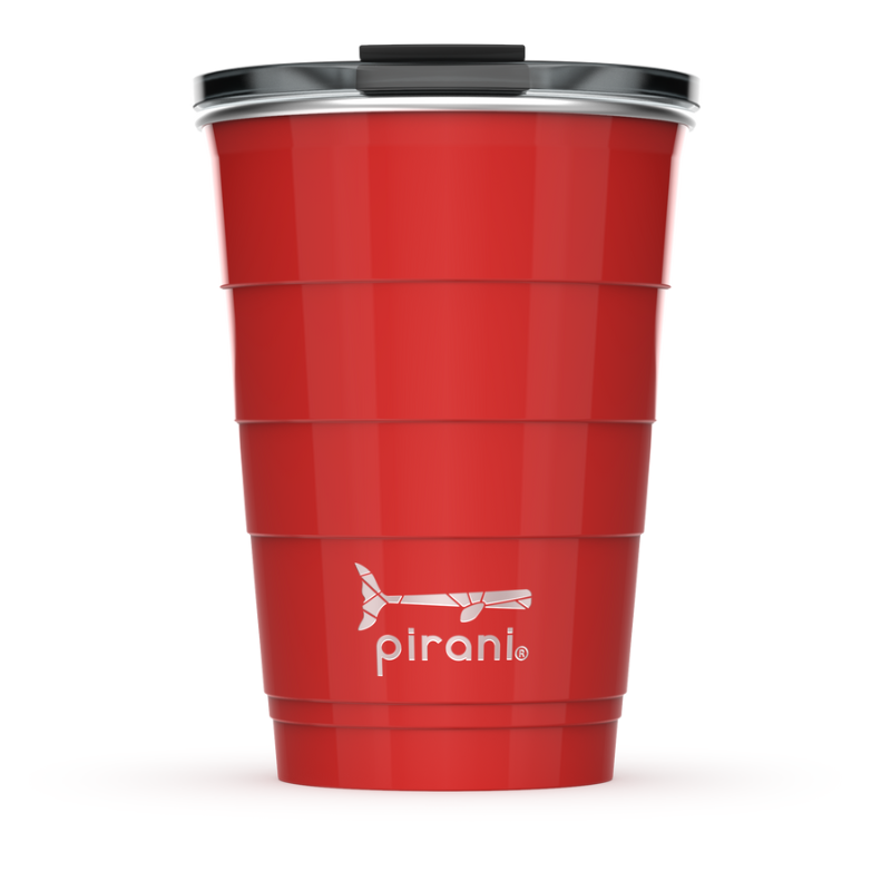 red tumbler with silver pirani logo near the bottom of cup and a lid on it shown a white background.