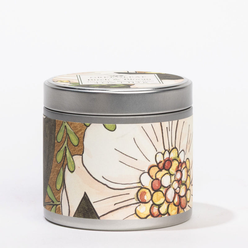 Birch & Bloom Tin Candle with lid on it