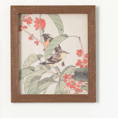 botanical print with  two birds and red berries.