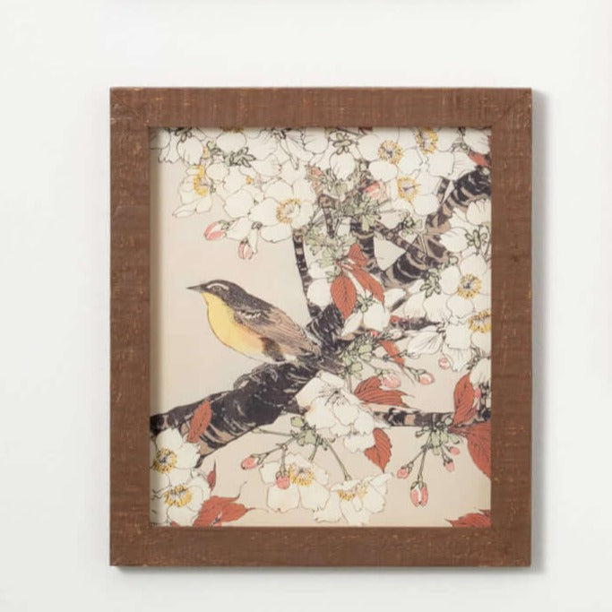 botanical print with yellow bird and white flowers.