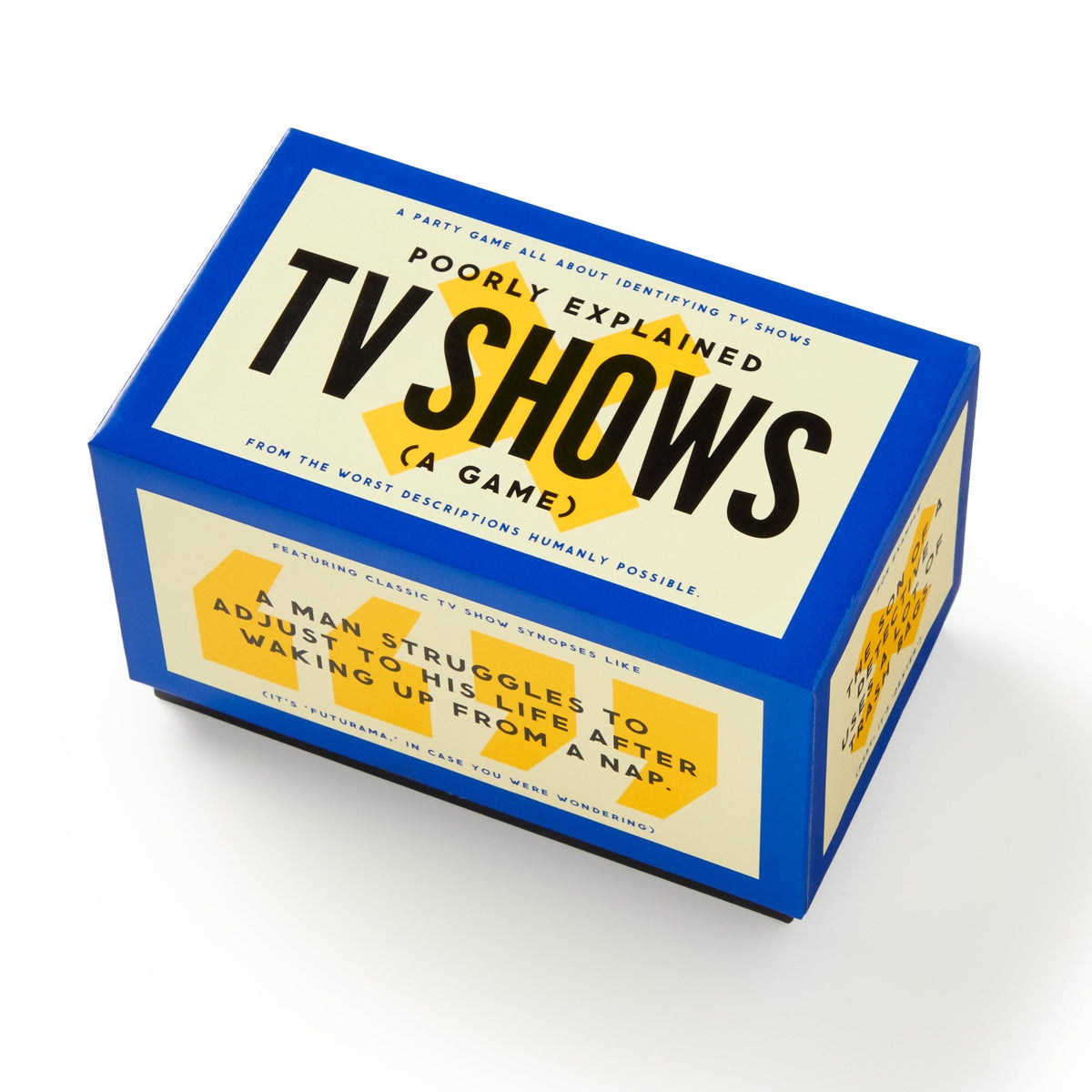 yellow and blue card game box with black text