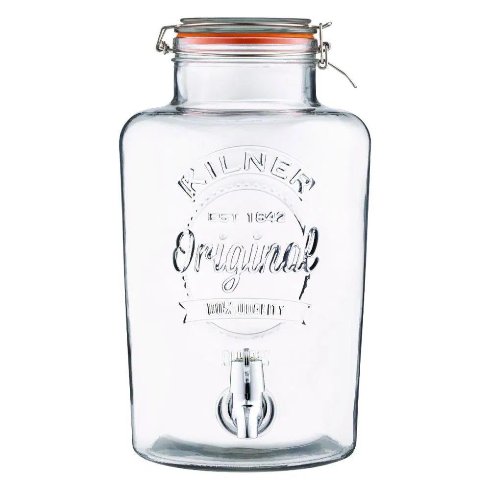 emptyround glass drink dispenser shown on a white background.