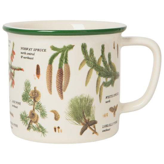 Mug with botanical illustrations and text on a white background