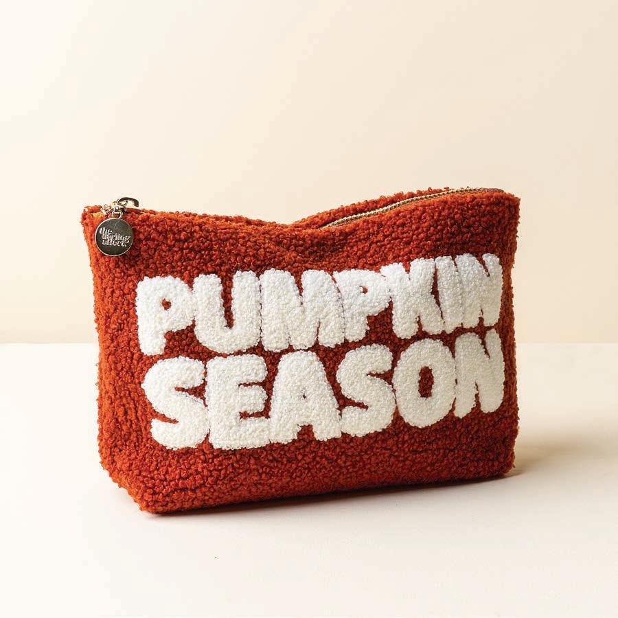 Orange teddy material zippered pouch with white words "pumpkin season"