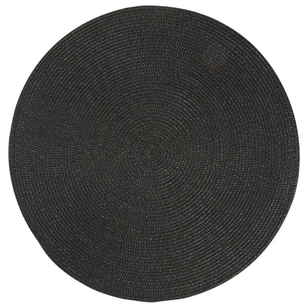 Round black woven placemat on a white background
