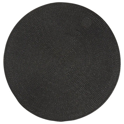 Round black woven placemat on a white background