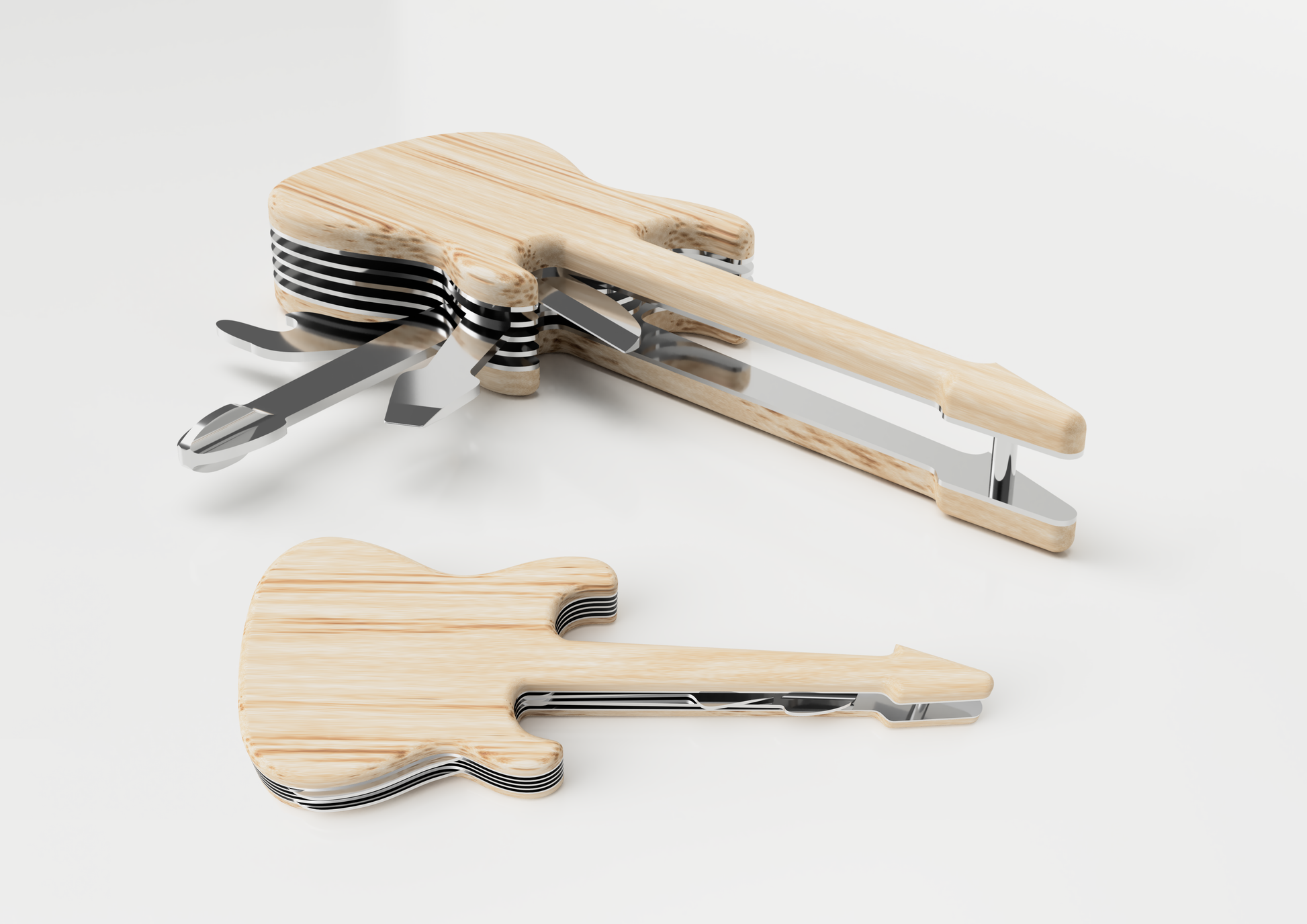 Guitar Multitool with tools fanned out and another Guitar Multitool closed.