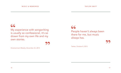 two pages in the book are white with red text quotes from taylor