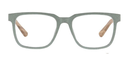 front view of the mint and wood homespun blue light reading glasses on a white background