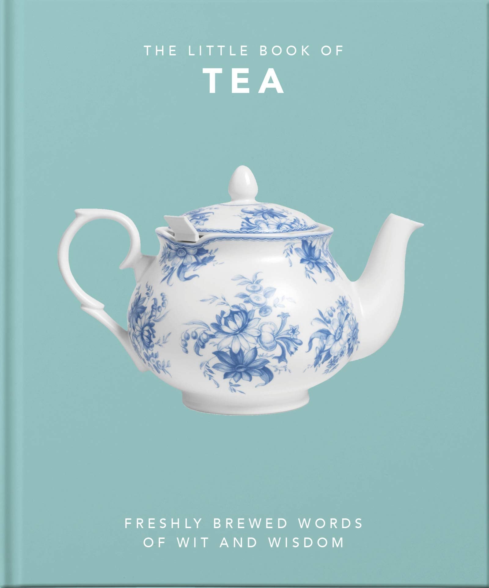 front cover of book is light blue with a white and blue floral teapot, and title of book in white