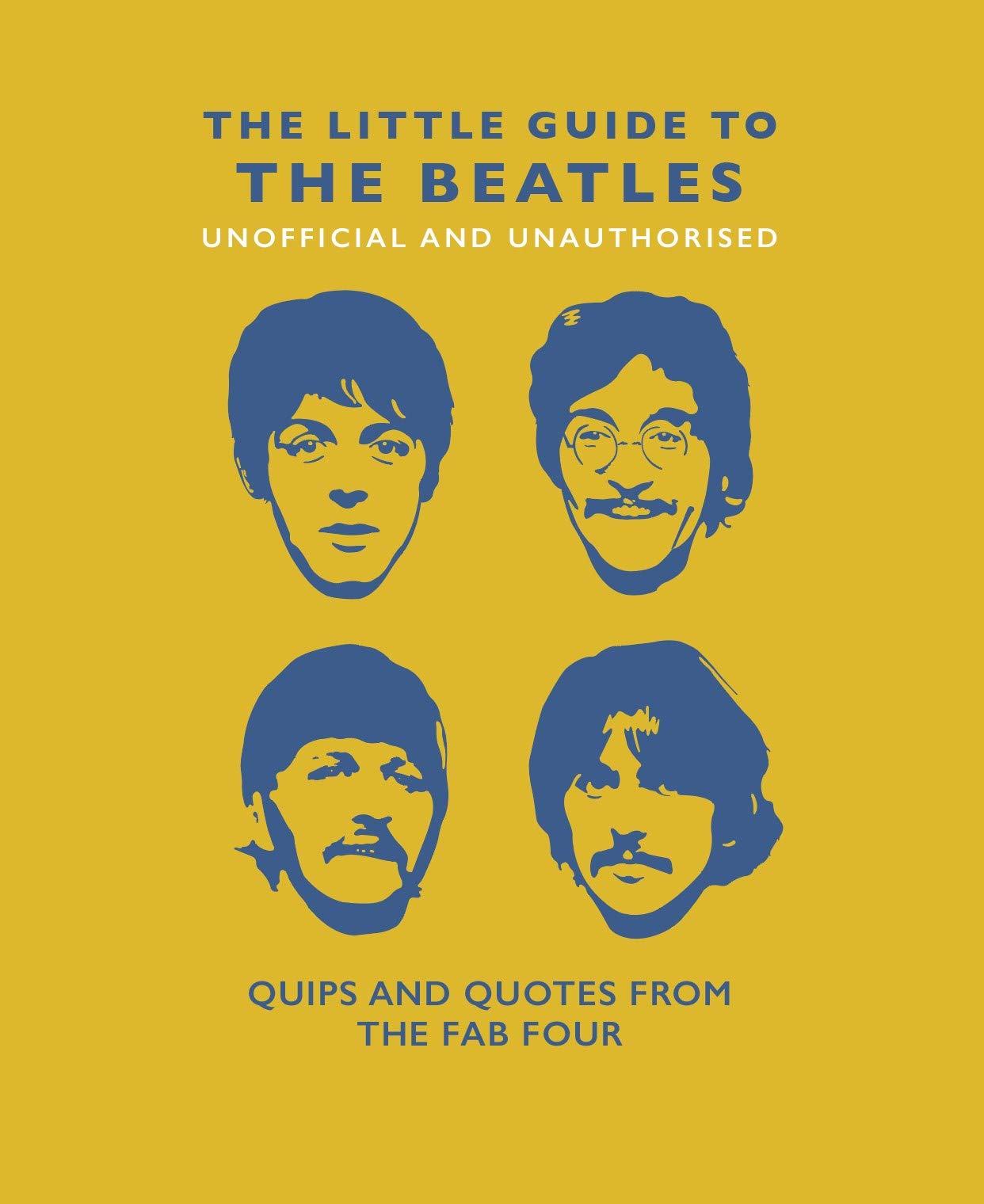 front of book is yellow is illustrations of each beatles head in blue and title of book in blue