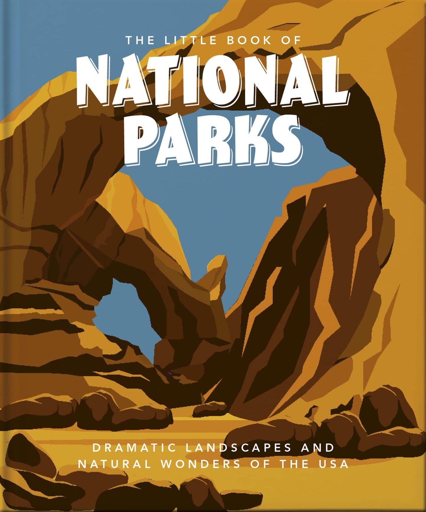front cover of book has illustration of rock formations from a national park, and the title of book in white