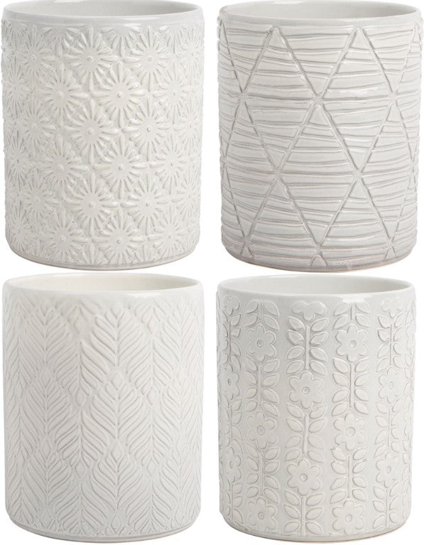 all four patterns of white embossed utensil crocks displayed against a white background