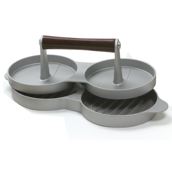 double burger press with cover slightly ajar displayed against a white background