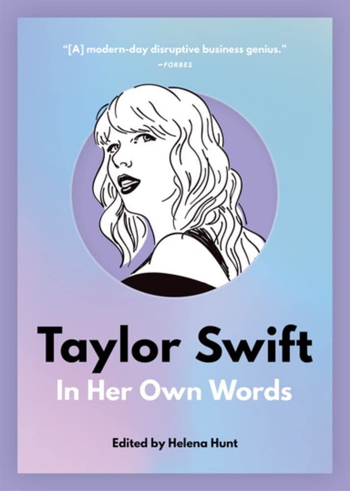 front cover of book is hues of pink, purple and blue, illustration of taylor in white, and title of book in black and white