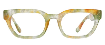 front view of the green and orange prism blue light reading glasses on a white background