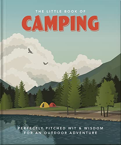 front cover of book has illustration of two tents camping by the lake in the woods, title of book in red