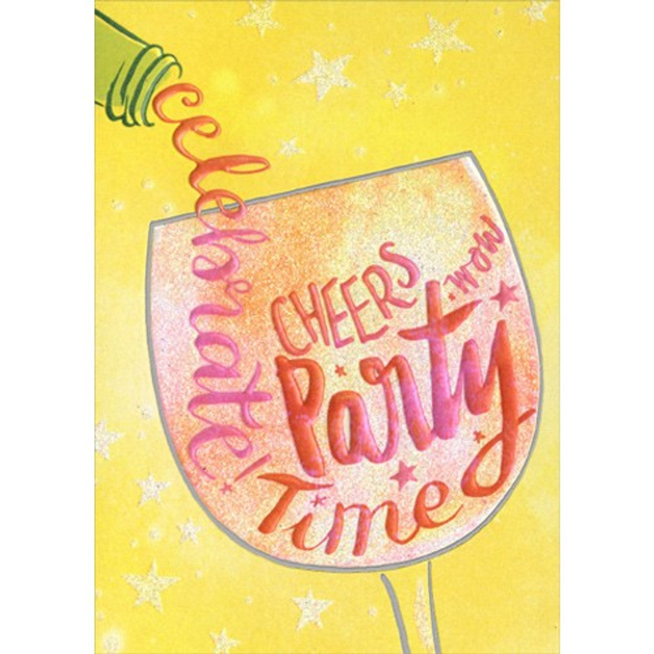 front of card is yellow with silver stars and wine glass being filled with words listed in the description