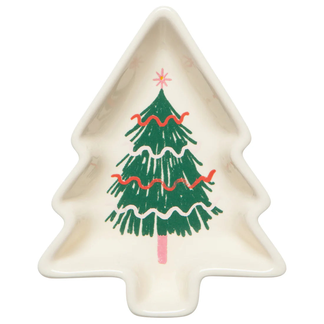 cream colored tree shaped dish with a green tree printed in the bottom.