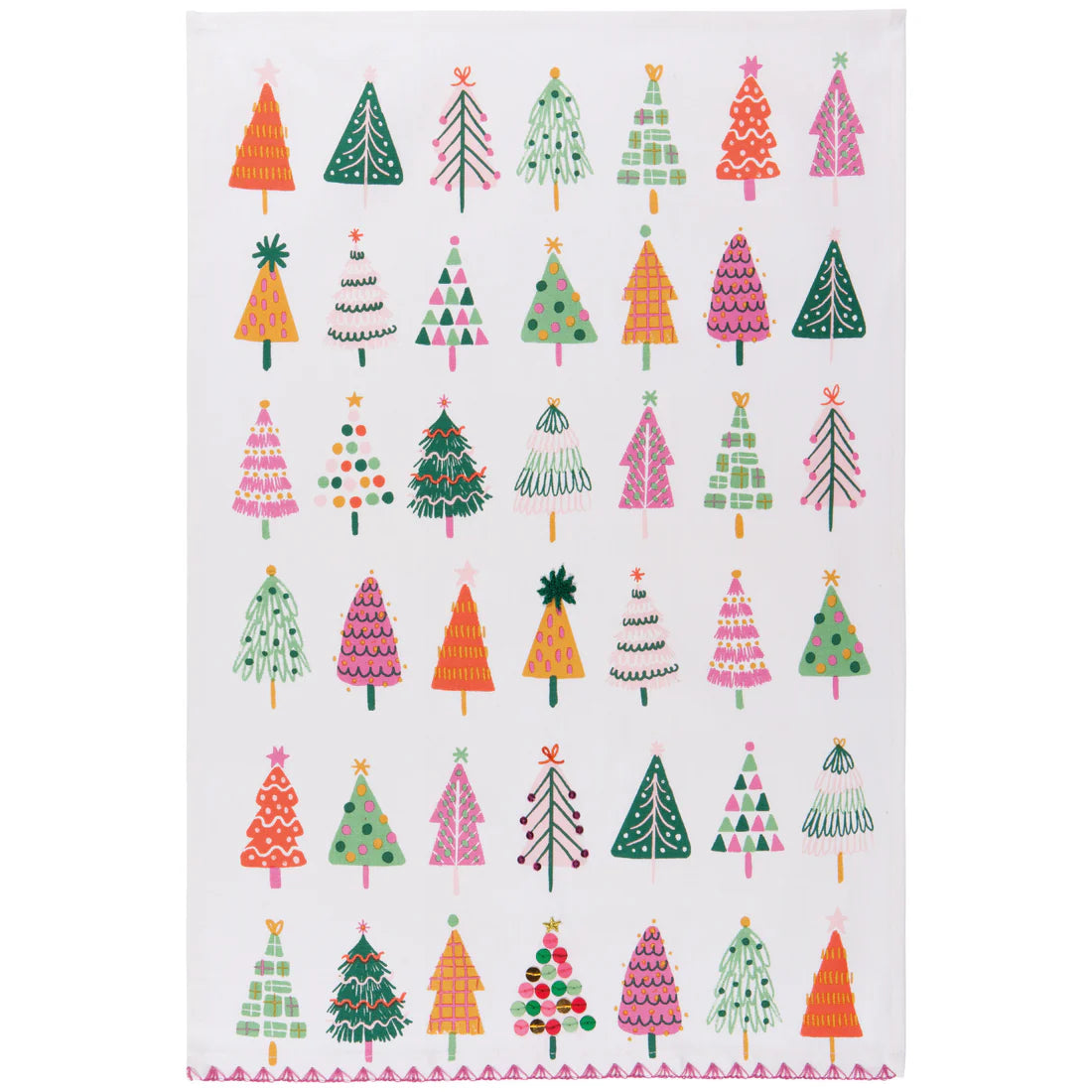 white dishtowel with color trees printed on it.