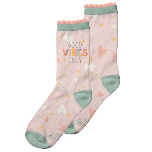 light pink socks with hearts and stars and "good vibes only" on them.