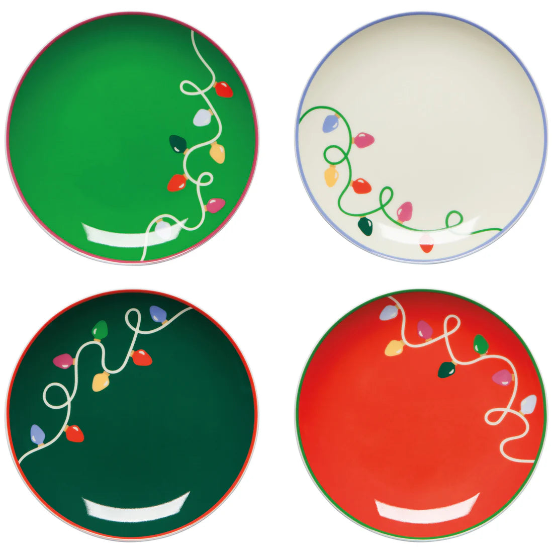 4 styles of holiday glow plates arranged on a white background.