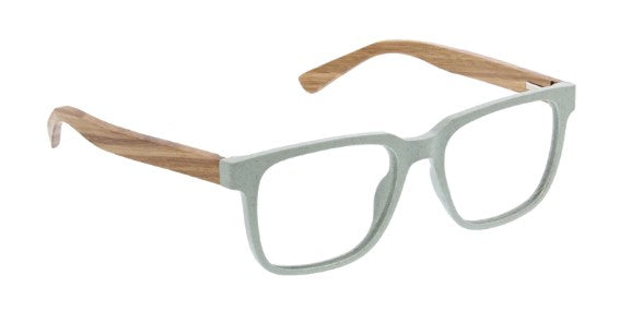 angled view of the mint and wood homespun blue light reading glasses on a white background