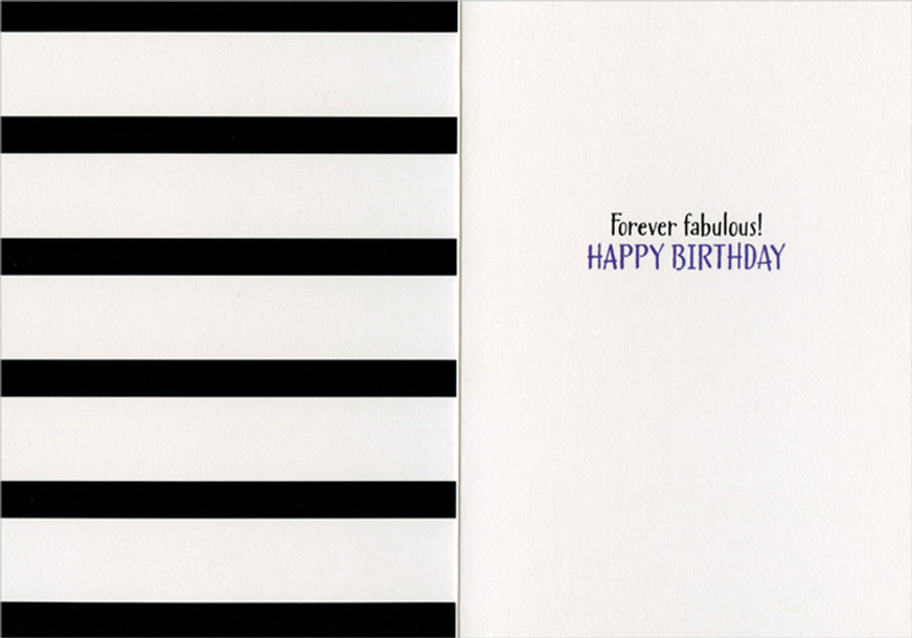 inside view of card has one side with black and white stripes and the other is white with black and purple text listed in the description